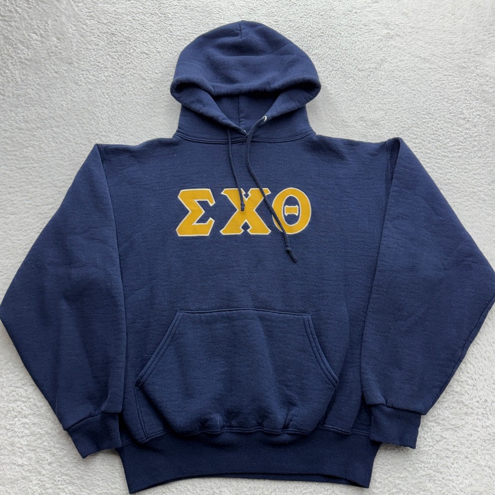VTG Jerzees Super Sweats Frat College Sigma Chi Hoodie Navy Blue Mens M